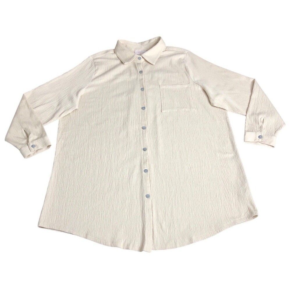 Belle by Kim Gravel Top Womens 1X Beige Crinkle Tunic Collared Button Up Boho